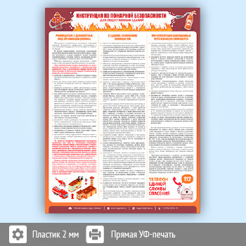 Плакат «Инструкция по пожарной безопасности для общественных зданий» (М-18, пластик 2 мм, А2, 1 лист)